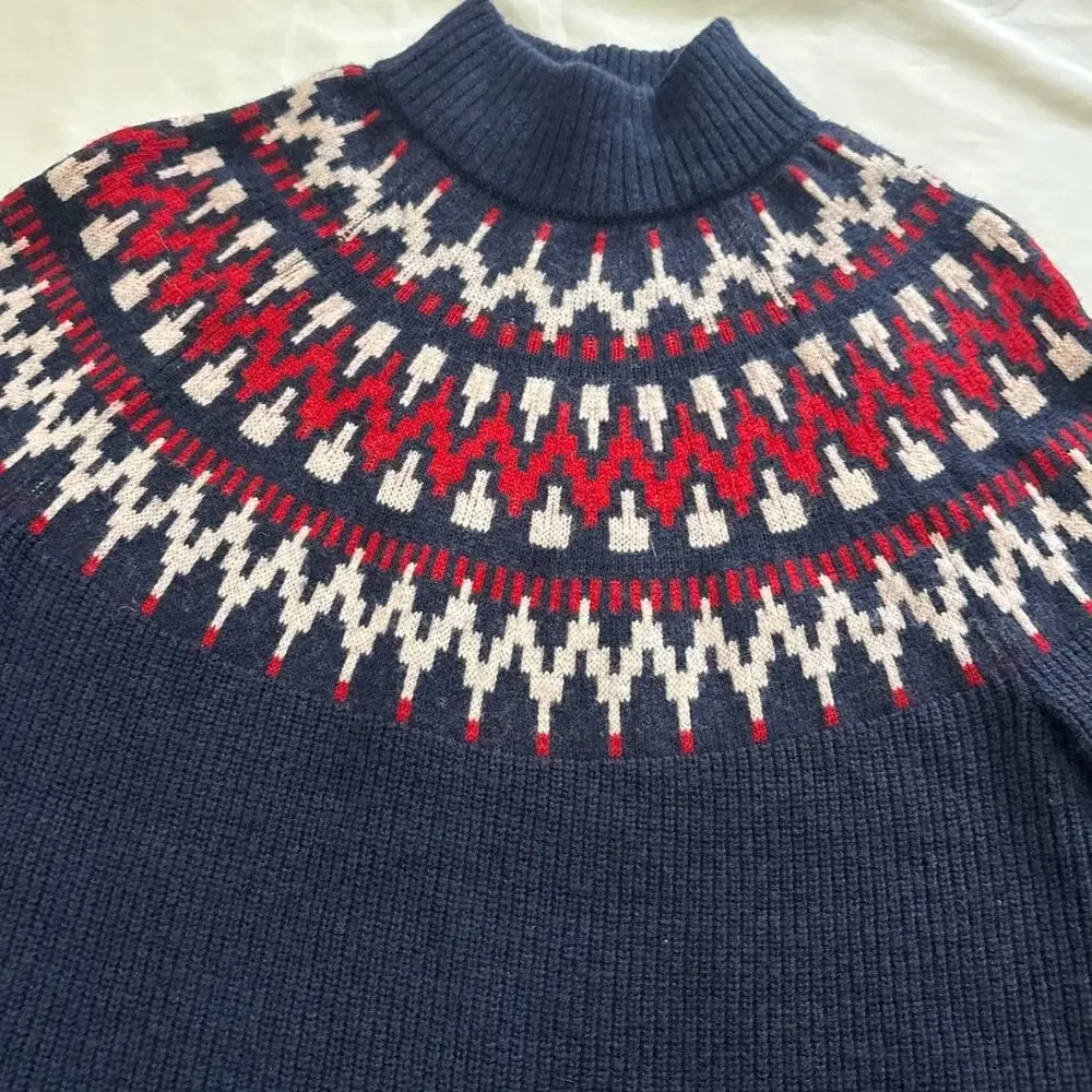 J.Crew Womens Small Fair Isle Nordic Wool Blend Ski Sweater Navy Cozy Pullover